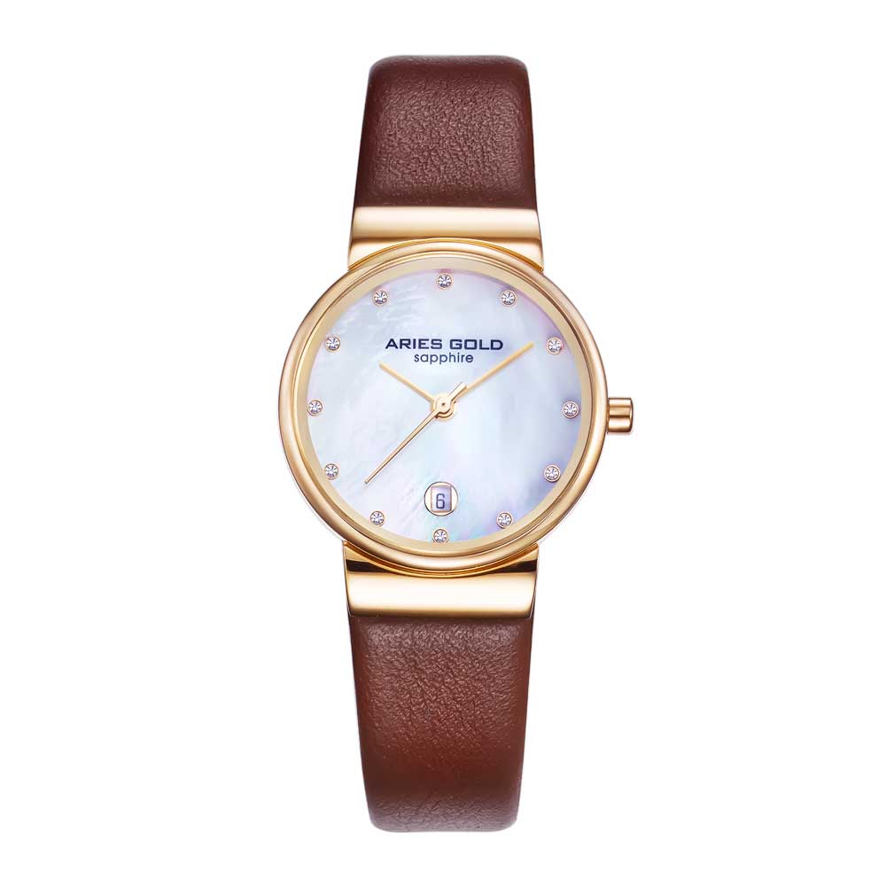 ARIES GOLD ENCHANT CAMILLE GOLD STAINLESS STEEL L 5002 G-MOP-L BROWN LEATHER STRAP WOMEN'S WATCH